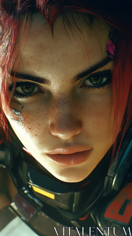 Cybernetic pilot close-up with freckled dermal detailing.