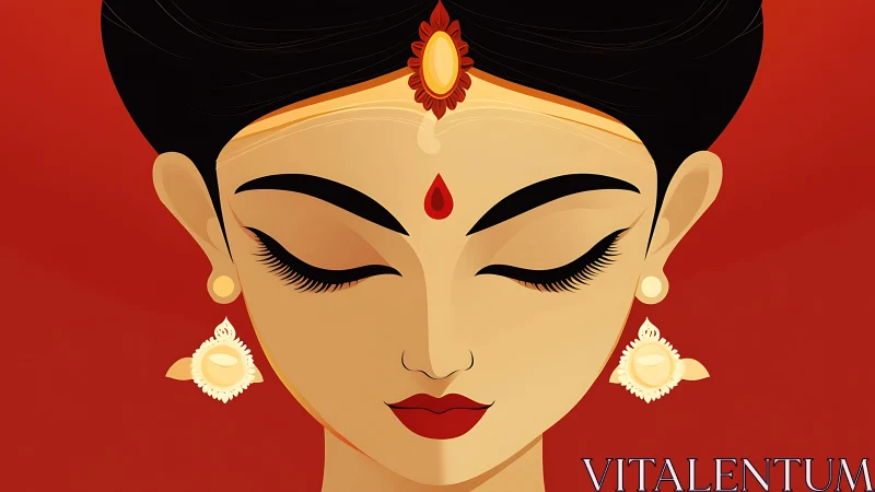 Elegant Indian Woman Illustration with Red Background in Minimalist Style.