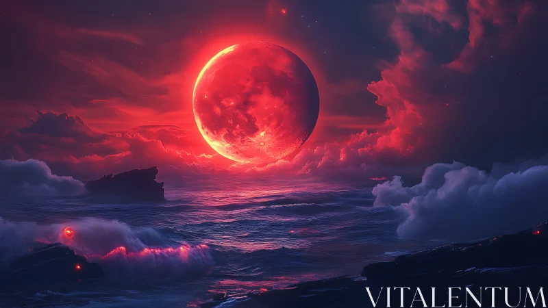 Red celestial body illuminates turbulent ocean under clouds