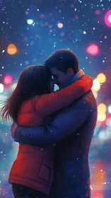 Snowy Winter Embrace Under Neon Lights.