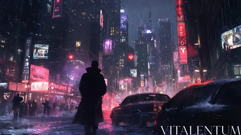 Silhouetted figure in neon lit snowy cyberpunk city street.