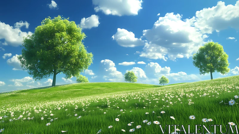 Sunny green hillside meadow with scattered trees and clouds.