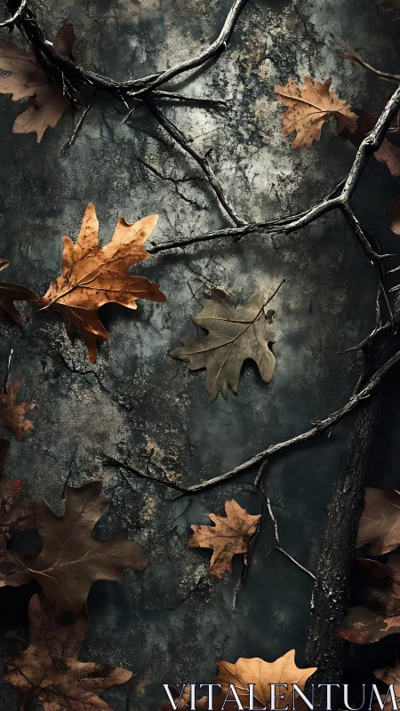 Autumn oak leaves on weathered stone with dark branches.