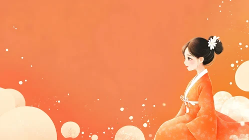 Anime profile portrait in orange kimono with minimal backdrop.