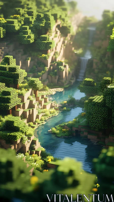 Voxel river valley extends through stepped forested terrain