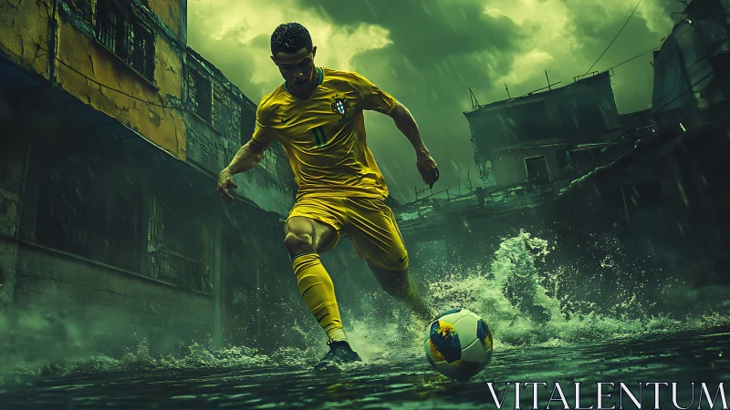 Storm-slicked street striker carving lightning through rain.