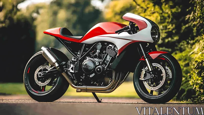 Sunlit red cafe racer motorcycle waiting for open roads.