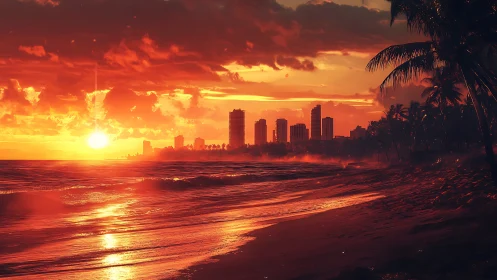 Sunlit city skyline glows above a tranquil tropical shore