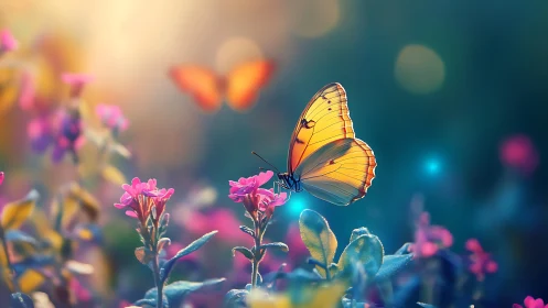 Photorealistic macro butterfly on wildflowers with bokeh glow.