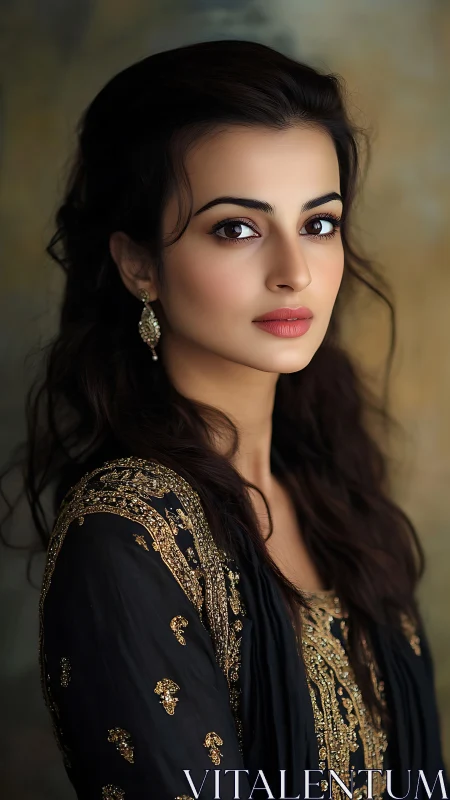 Woman in dark embroidered dress against muted backdrop.