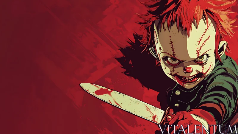 Sinister stitched doll holding bloodied knife in red scene.