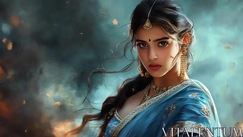 Graceful woman in blue sari amid swirling golden light.