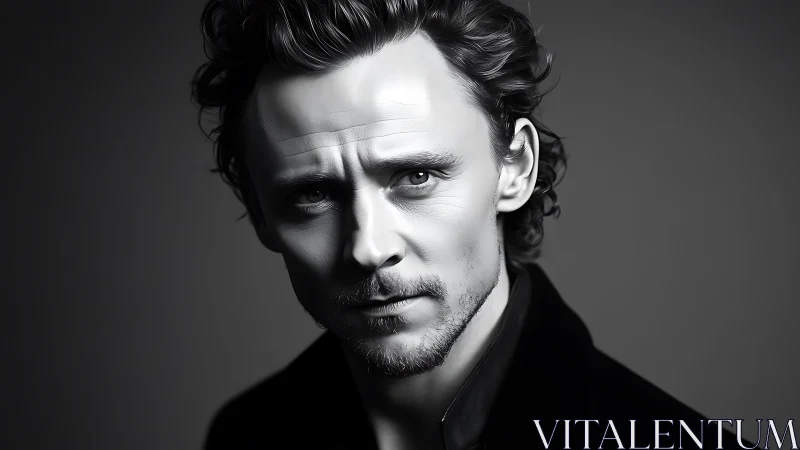 Brooding monochrome gentleman carved from soft shadow.