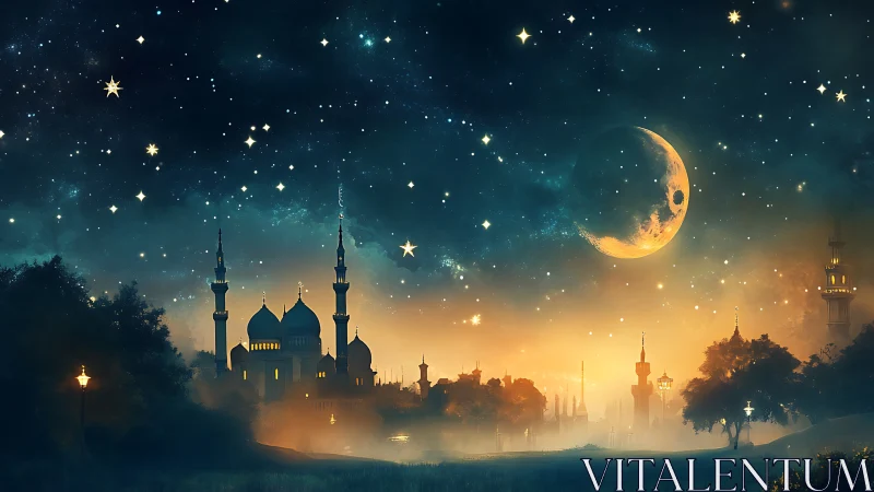 Moonlit mosque skyline under glowing star-rich night sky.