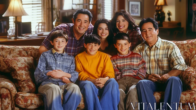 Group portrait of seven people on patterned living room sofa.