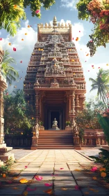 Sunlit Hindu temple tower with ornate stone carvings.