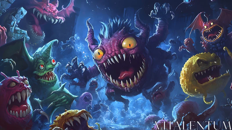 Cartoonish monsters swarm a cavernous blue-lit battleground
