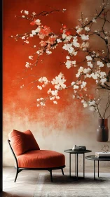 Lounge chair rests under mural of white blossoms on orange wall