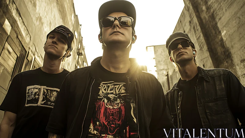 Urban band trio in caps and sunglasses at sunset.