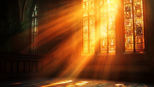 Sunlit stained-glass windows cast radiant golden beams.