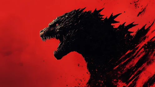 Roaring kaiju silhouette against blood red backdrop.