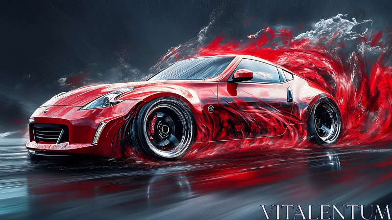 Red sports car racing through swirling painted motion.
