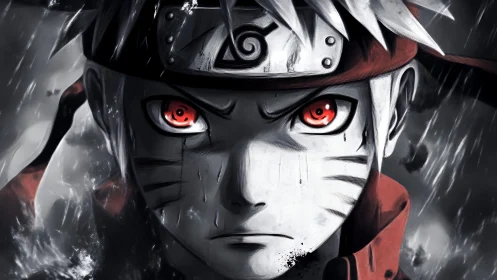 Intense anime warrior portrait with glowing red eyes in rain