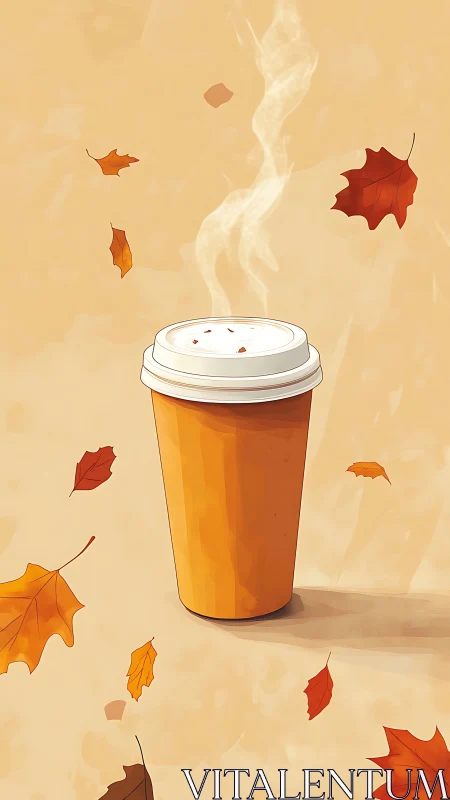 Steaming takeaway cup stands amid scattered autumn leaves