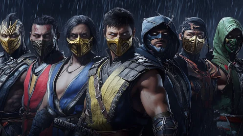 Masked stormwalkers align in rainlit battle formation.