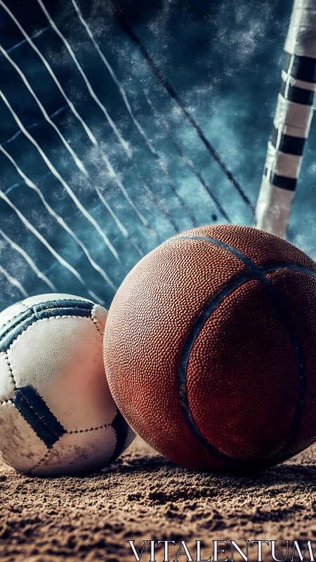 Basketball and baseball rest on gritty clay court surface.