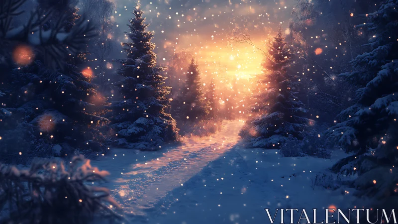 Snow-laden conifer forest path at golden winter sunset glow