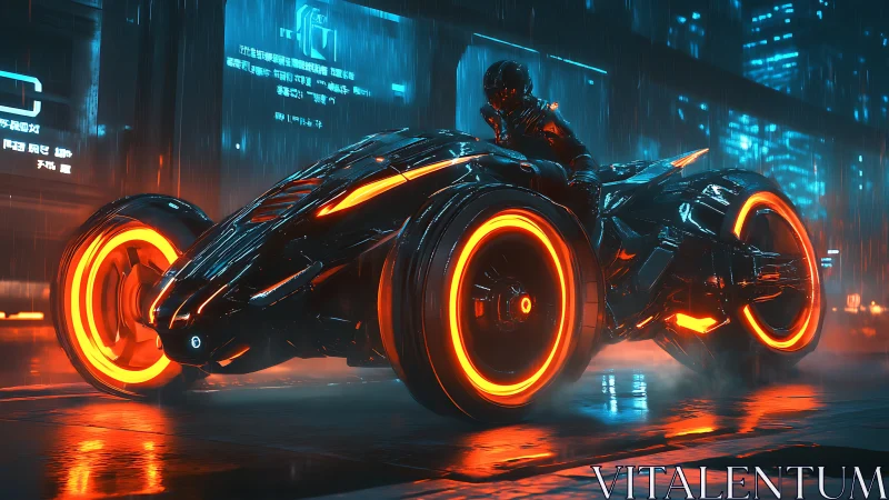 Neon-trimmed cyber trike idles in rain-soaked high-tech street