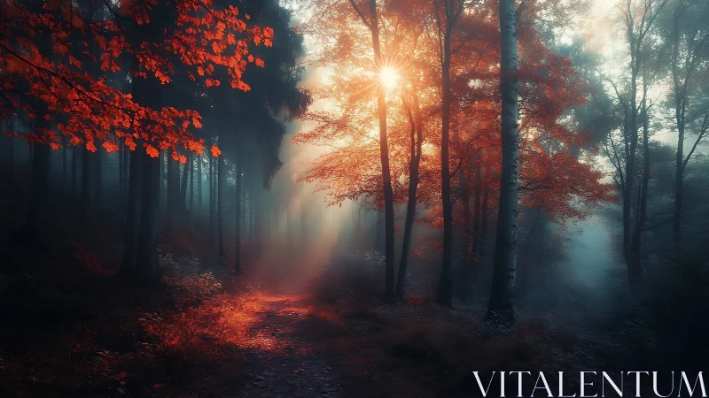 Sunlit Forest Path Through Autumn Canopy.