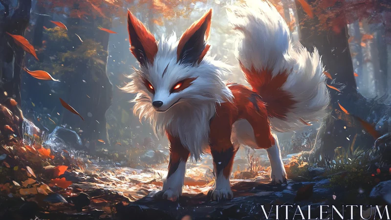 Fiery forest fox spirit strolling through autumn light.