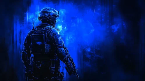 Cybernetic trooper stands in luminous cobalt tactical haze
