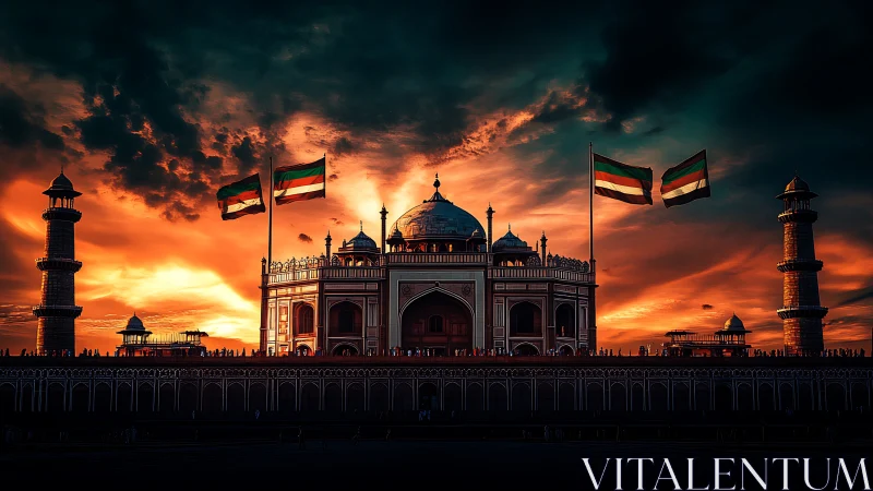 Monument silhouette with flags under intense sunset sky.