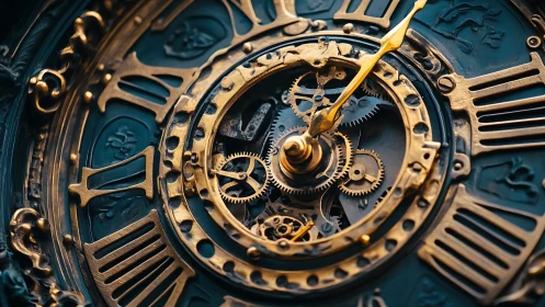 Macro view reveals ornate mechanical clockwork with exposed brass gears
