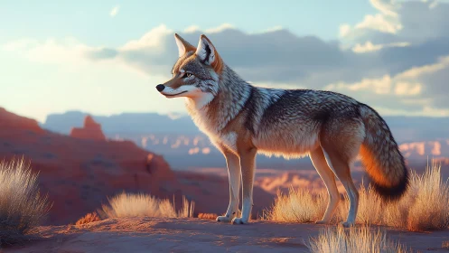 Desert coyote gazes warmly across glowing canyon sunset