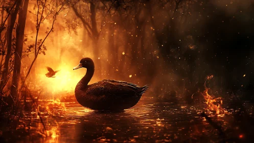 Black swan drifting through fiery forest water at dusk.