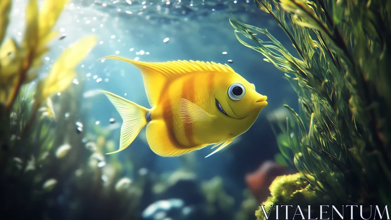 Sunny yellow fish gliding through a glowing sea garden.