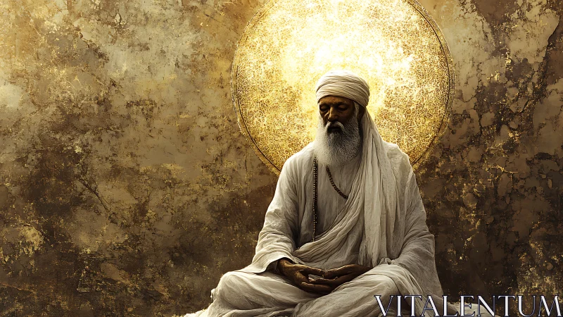 Mystic elder in meditative pose against radiant gilded halo