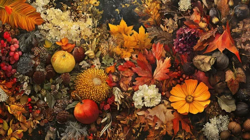 Vibrant autumn harvest blooms across a richly textured still life