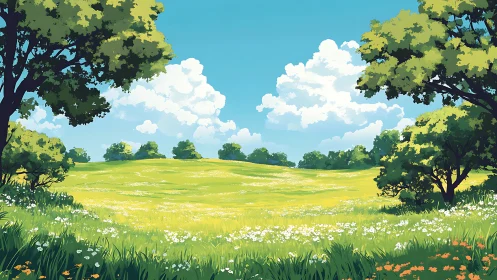 Sunlit summer meadow stretches beneath crisp blue sky