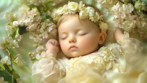 Sleeping Infant Surrounded by Delicate Cream Blossoms.