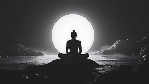 Silhouette of seated figure before large circular light source