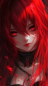 Crimson-eyed gothic anime portrait with dynamic hair lighting.