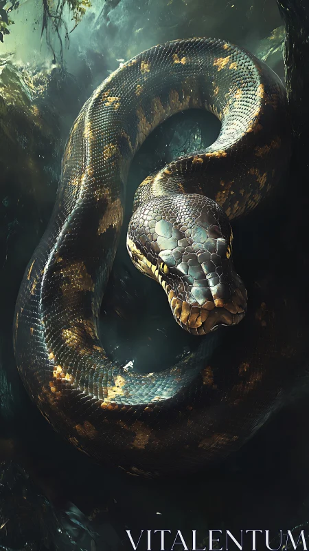 Emerald river serpent coils in shadowed jungle waters.