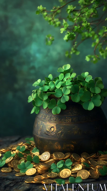 Golden coins and clovers spill warmly from an ornate pot