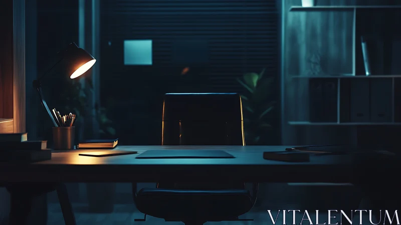 Empty office desk under desk lamp in dim evening lighting
