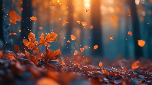 Autumn leaves swirling through glowing forest light.
